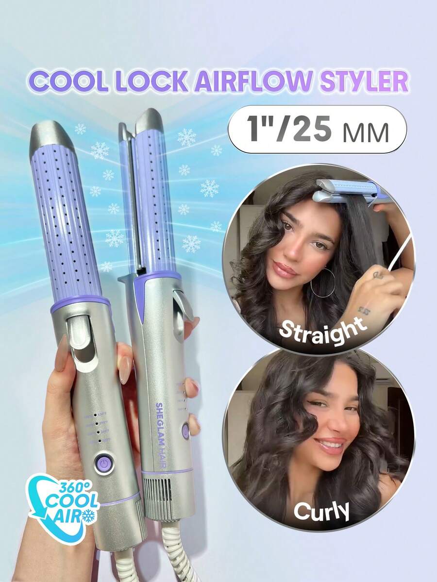 SHEGLAM HAIR 酷鎖風造型器，360°氣流造型直髮器，二合一直發捲髮器，帶冷卻氣流孔的捲發器可鎖住造型，4檔可調溫度，雙電壓，快速直發，水性陶瓷塗層令秀發亮澤，長短髮皆宜。 禮物 粉紅色的 化妝品 海灘 節慶 護髮 假期 夏天 美髮配件 返校 旅行
