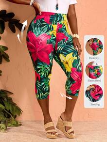 EMERY ROSE Plus Size Women's Tropical Plant Print 3/4 Length Leggings For Vacation Summer Spring Clothing Beach Outfits For Women Vacation Outfits - Multicolor - View 2