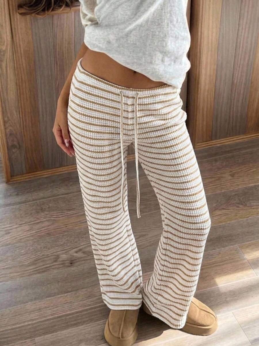 CovetEZ Women's Striped Tie-Waist Flare Leg Pants - Khaki - View 1