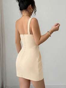 Elenzga Asymmetrical Fabric Patchwork Diamond Decor Bodycon Elegant Sexy Romantic Exquisite Women's Dress Ruched Formal Gown Night Out Wedding Peach Summer - Apricot - View 2