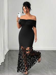 Elenzga Elegantes und raffiniertes Partykleid Große Größen für Damen, Off-Shoulder, mit geraffter Taille, strukturiertem Stoff und Patchwork-Design - Schwarz - Übersicht 3