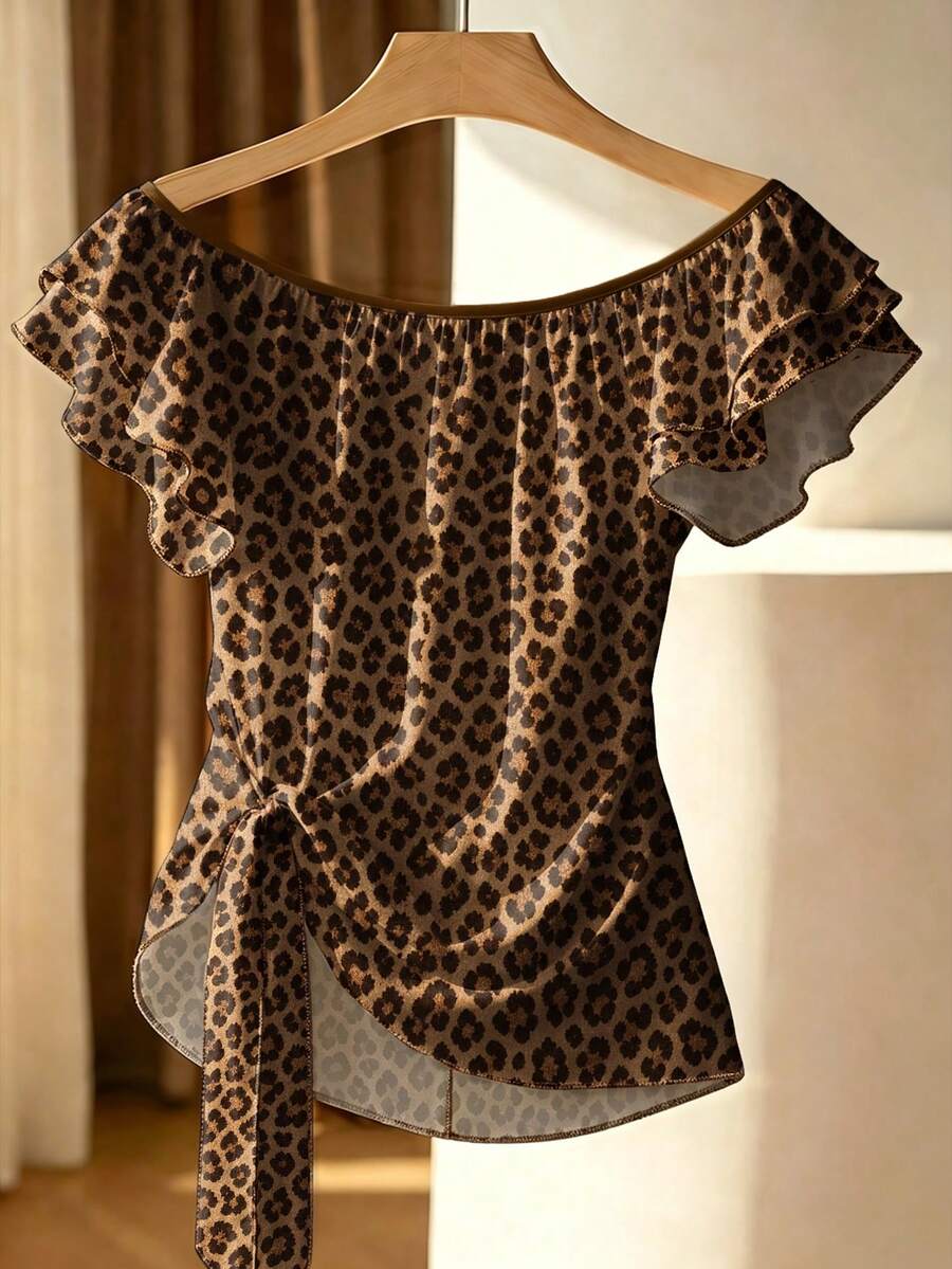 Franclia Plus-Size French-Style Off-The-Shoulder Striped Top With Ruffles - Brown - View 1