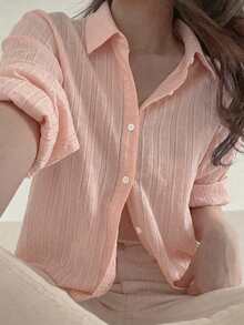 DAZY 女款素色單排扣休閒百搭日常旅行襯衫 - 粉色 - 查看 1