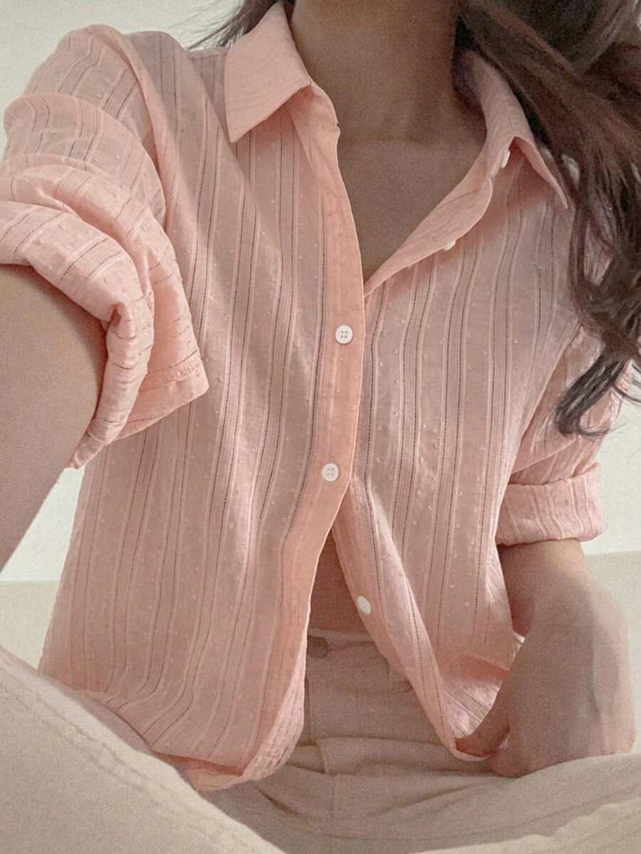 DAZY 女款素色單排扣休閒百搭日常旅行襯衫 - 粉色 - 查看 1