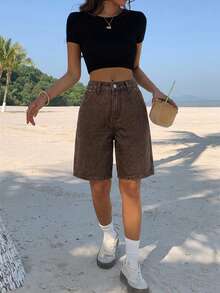 DAZY Women's Cat Whisker Faded Straight Leg Denim Shorts Summer Y2K - Brown - View 2