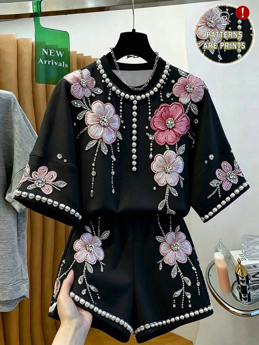 GlowEve 女款夏季休閒花卉印花T恤與短褲兩件套 - 黑色 - 查看 1