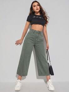 Pantalones cortos de mezclilla versátiles con bolsillos y botones para mujer - Verde - Ver 3
