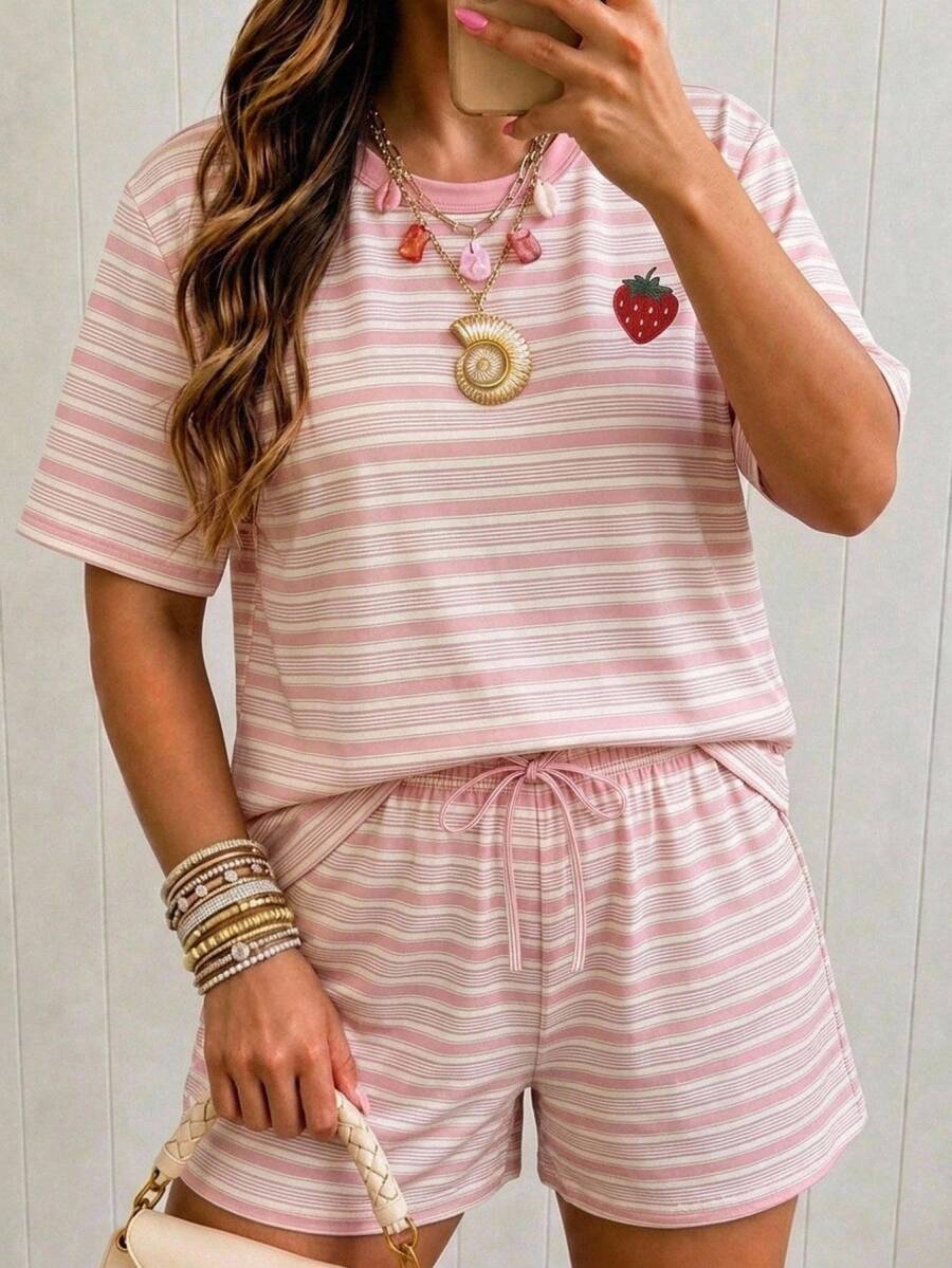 SHEIN LUNE 女款圓領落肩上衣與抽繩短褲休閒兩件套,女款夏季休閒套裝 - 彩色 - 查看 1