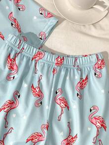 2 Peças/Conjunto Roupa de Ficar em Casa para Meninas Pequenas, Base Azul com Estampa Fofa de Flamingo Rosa, Tecido de Seda de Leite Macio e Confortável Retardante de Chama, Conjunto Casual Minimalista de Cardigan de Manga Curta com Gola e Shorts, Verão - Azul - Visão 7