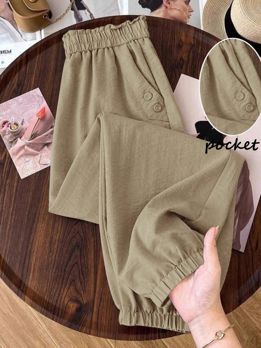 SHEIN LUNE CURVE 大尺碼女款純色荷葉邊腰頭口袋休閒長褲 - 卡其色 - 查看 1