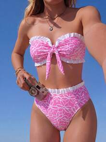 Swim Mod Spring/Summer Beach Vacation Casual Striped Print Set, Neckline Under-Bust Ruched Ruffle Trim, Pants Waistband Ruffle Trim, 2 Pieces Outfit - Pink - View 3