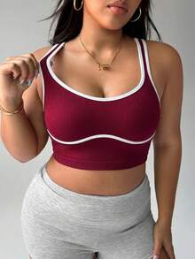 SHEIN Unity Plus Size Solid Color U-Neck Sports Tank Top With Fixed Shoulder Straps, Fine Ribbed, Casual Outerwear Sports Bra, Wire-Free, For Running, Yoga, White - Burgundy - View 4