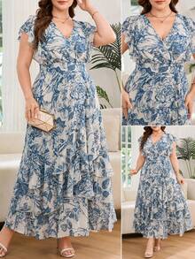SHEIN Clasi 大尺碼夏季優雅碎花印花荷葉邊裙 - 藍白色 - 查看 10