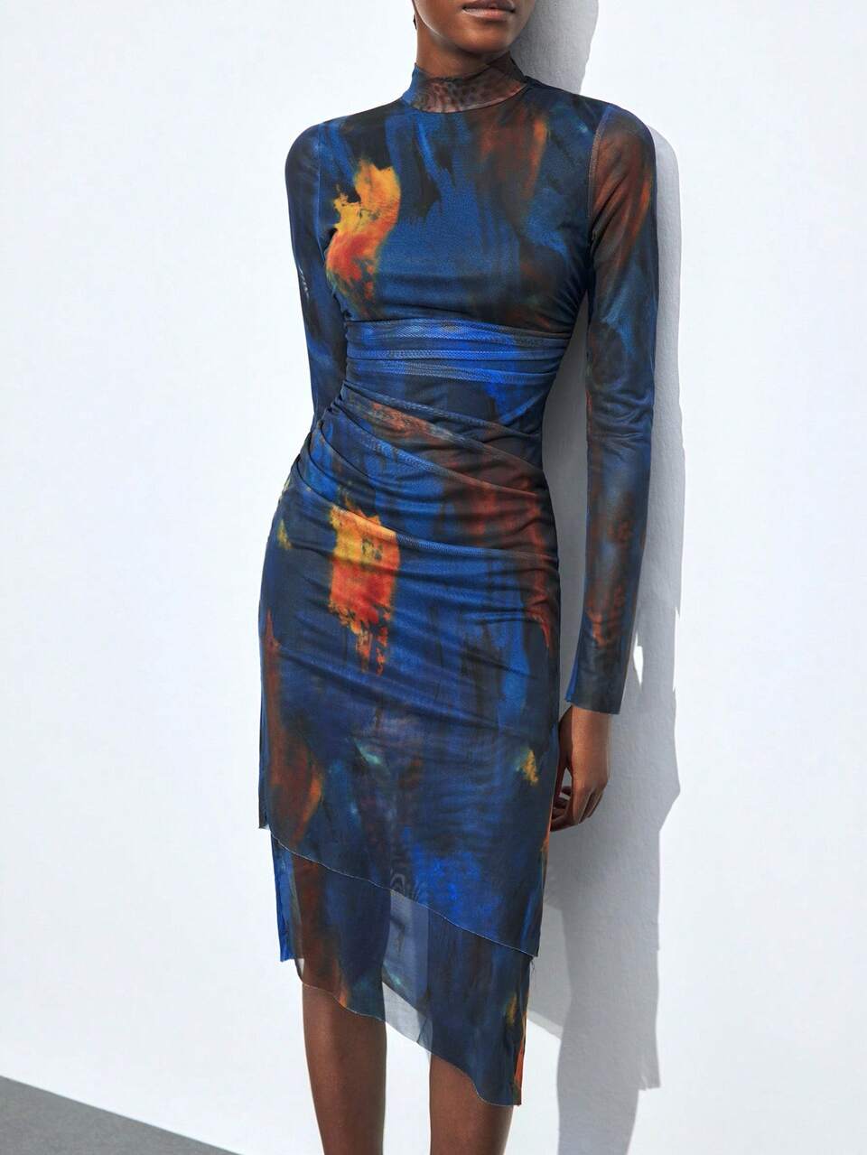 SHEIN Maija Blue And Orange Autumn Chic Night Out Elegant Tie-Dye Print Backless Fitted Long Dress,2026 Spring & Summer Vintage Urban Social Vacation Party Outfit