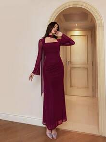 Modelyn Women's Solid Color Flare Sleeve Fitted Elegant Dress - Burgundy - View 4