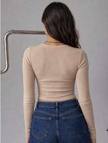 Women's Ribbed Fitted Crop Top, Long Sleeve Crew Neck Body-Hugging Casual Top. - Cream - View 4