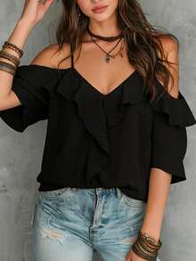 LUMIGAL Blusa de hombros descubiertos ribete con fruncido - Negro - Ver 5