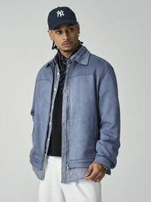 ÉpureWay Men's Long Sleeve Solid Color Zipper Jacket, Simple Casual Style For Daily Wear, For Fall - Dusty Blue - View 6
