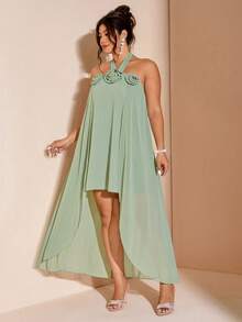 Cravure Women's Chiffon Halter Neck Floral Romantic Elegant Plus Size Solid Color Dress Summer Brown - Green - View 4