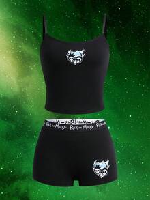 Rick and Morty X SHEIN Skull Print Camisole & Hipster Panty Lingerie Set - Black - View 1