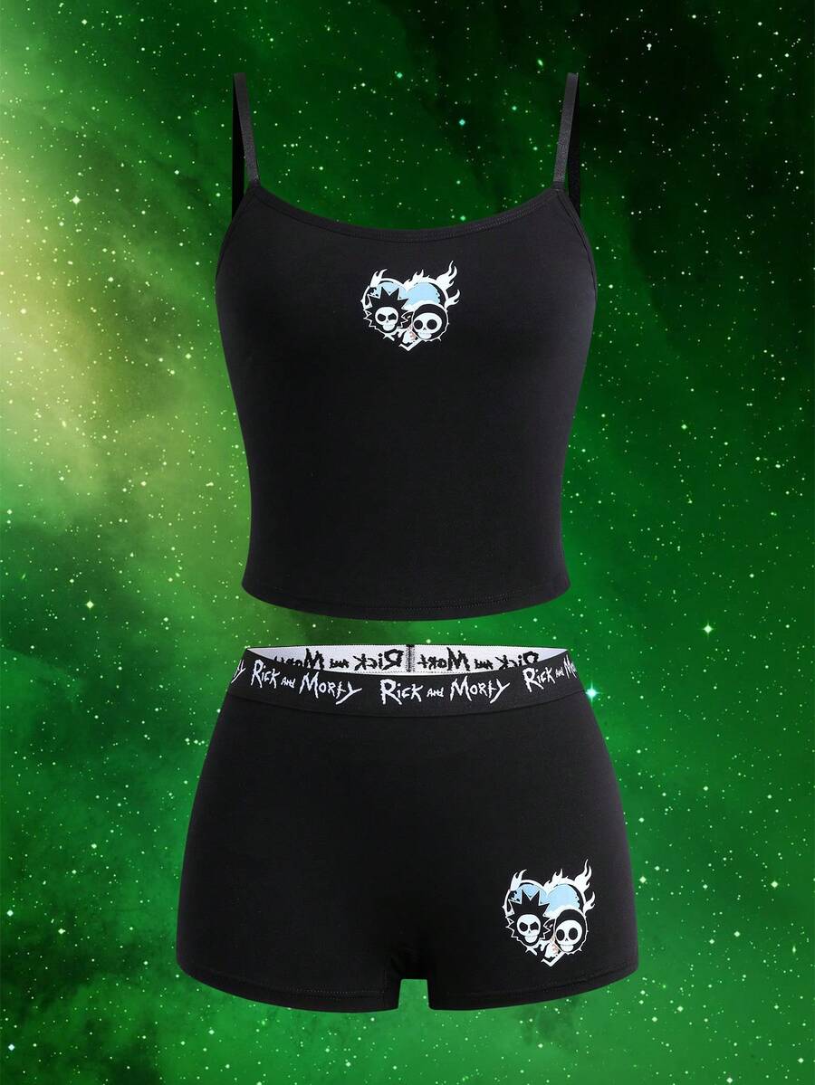 Rick and Morty X SHEIN Skull Print Camisole & Hipster Panty Lingerie Set - Black - View 1