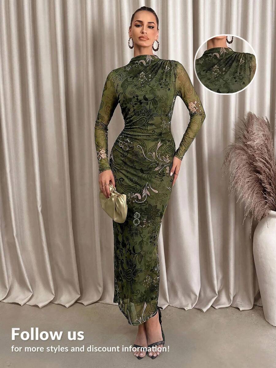 Lavishia 女款時尚豹紋動物印花修身百褶洋裝,動物紋理網格印花洋裝,印花設計;適合波希米亞風、度假、休閒、海灘、返校穿著,網格海灘洋裝,適用嘉年華、音樂節 - 杏色 - 查看 1
