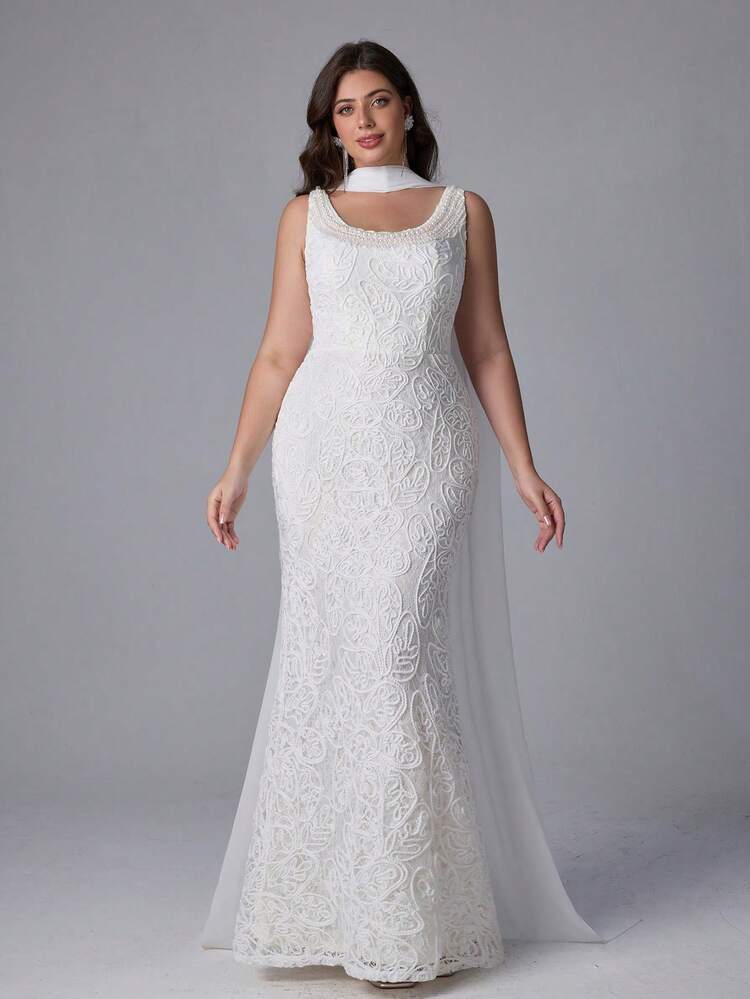 Elitara Plus Size Elegant White Summer Silky Wedding Gown,Luxurious 3D Lace Rope Fabric Spaghetti Strap High Waist Long Straight Bodycon Skirt,Gift - White - View 9