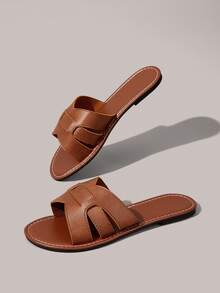Styleloop Zapatos de mujer sandalias marrones de verano con punta abierta estilo bohemio para vacaciones con suela blanda para exteriores - Marrón + palabra - Ver 6