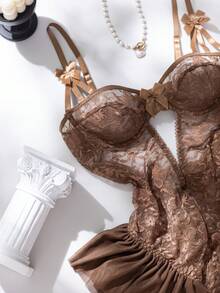 Seduluxe Butterfly Lace Mesh Ruffle Underwire Bra Sheer Sexy Jumpsuit For Women - Coffee Brown - View 3