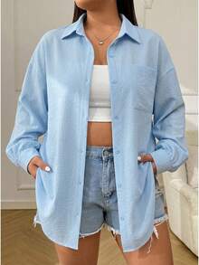 SHEIN EZwear 大尺碼女款素色紋理寬鬆版型單個方胸前口袋落肩長袖襯衫 - 淺藍色 - 查看 6