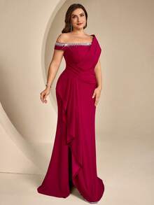 Coutiva Plus Size Women's Rhinestone Decorated Asymmetric Neck Elegant Formal Evening Gown (Heavy Embellished Style) - Burgundy - View 4