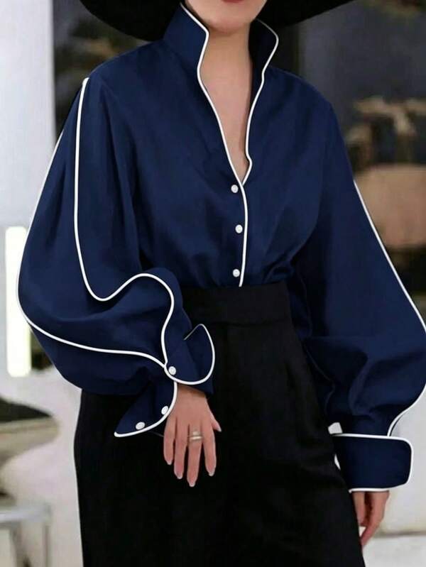 Airaco Blusa elegante e informal de talla grande para mujer con cuello alto, ribete de color contrastante y mangas farol.