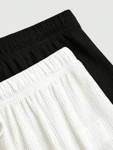 Sweetra Conjunto de 2 piezas de pantalones largos para mujer talla grande, negro + amarillo, tela texturizada con efecto burbuja y arrugas, sin elasticidad, versátil para el día a día, elegante minimalista casual, cintura ceñida, pantalones deportivos casuales de pierna ancha recta que estilizan, para uso diario - Blanco y Negro - Ver 9