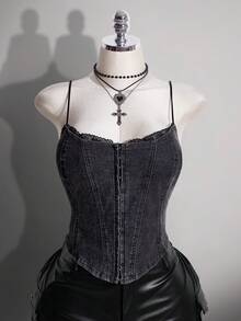 SHEIN ICON 大尺碼女款蕾絲飾邊休閒牛仔風 1960s 百搭日常丹寧細肩帶背心上衣，適合外出、約會之夜、早午餐、女生之夜、萬聖節，深色水洗 - 深色水洗藍 - 查看 4