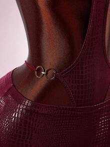 Amplova Vintage Wild Burgundy Schlangenhaut Sexy Jumpsuit & Tieftaille Rock 2 Stücke Set - Bordeaux - Übersicht 7