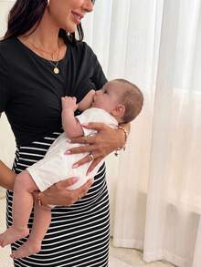 SHEIN 孕妇拼色条纹扭纹修身孕妇哺乳连衣裙 - 黑與白 - 查看 7
