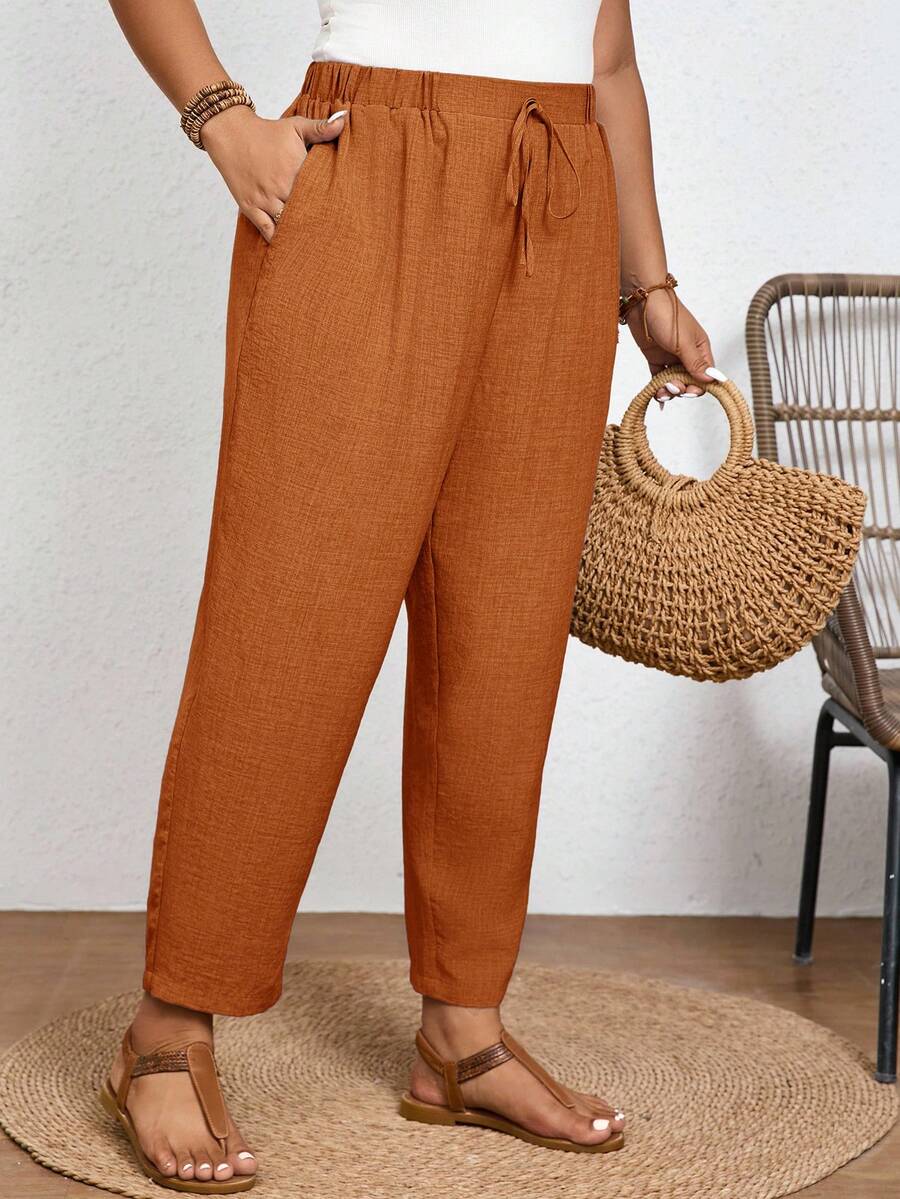 Shapeblank Plus Size Solid Color Casual Trousers With Elastic Waist And Diagonal Pockets Casual Summer Vacation Daily Going Out Pants For Women