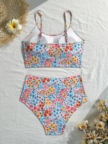 Swim Lushoire 女款花卉印花細肩帶分體式比基尼上衣與三角泳褲兩件式泳衣套裝，適合夏季度假與海灘 - 彩色 - 查看 6
