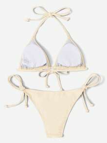 Swim Vcay Women's Solid Color Ruched Halter Tie Sexy Bikini Two-Piece Swimsuit Set - Beige - View 2