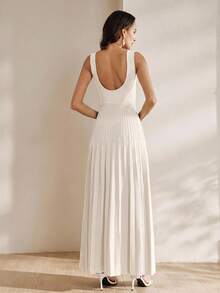 Anewsta Vestido de mujer de verano elegante de color liso de punto pesado con cuello bajo, ajustado, plisado y sin mangas - Blanco - Ver 7