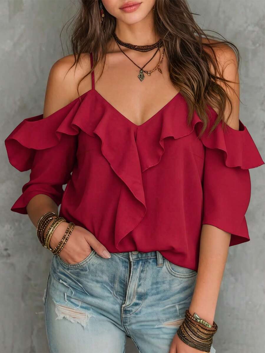 LUMIGAL Women's Solid Color Ruffle Hem Elegant Charming Sexy Camisole - Burgundy - View 1