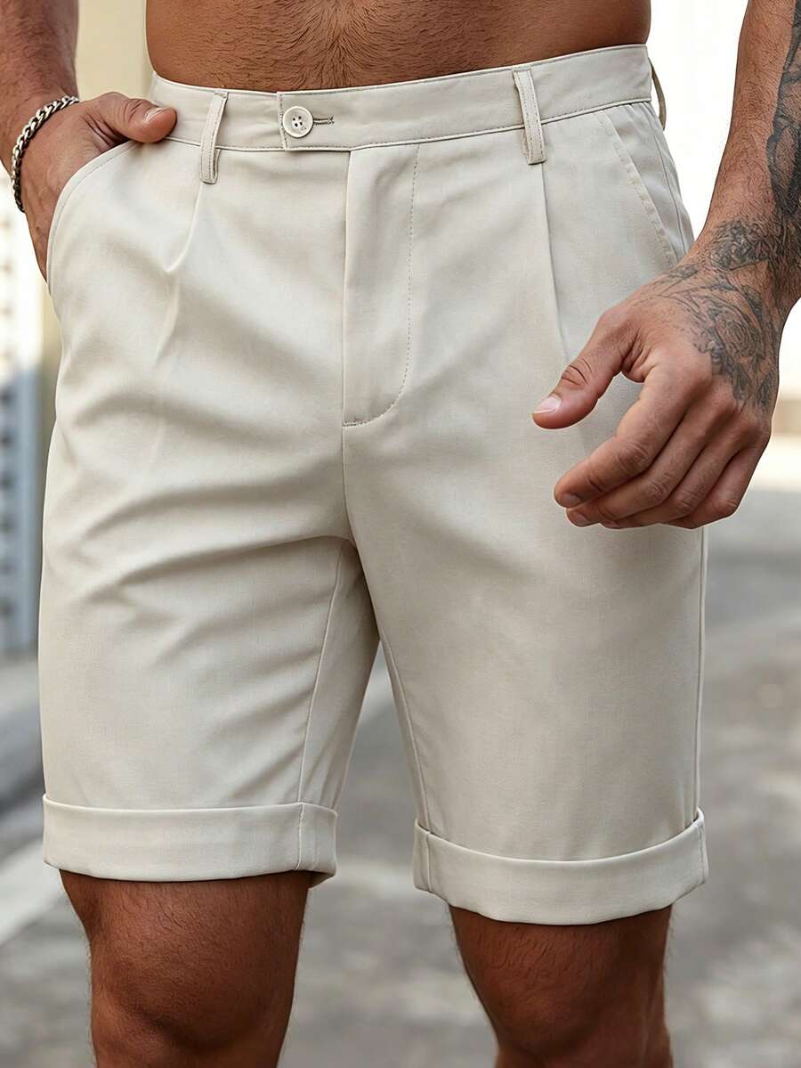 Manfinity Homme Pantalones cortos casuales de verano para hombres de unicolor con bolsillo y botones delanteros - Albaricoque - Ver 1