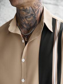 Manfinity CasualCool 男士純色單排扣短袖襯衫與長褲休閒日常七分褲套裝 - 卡其色 - 查看 6