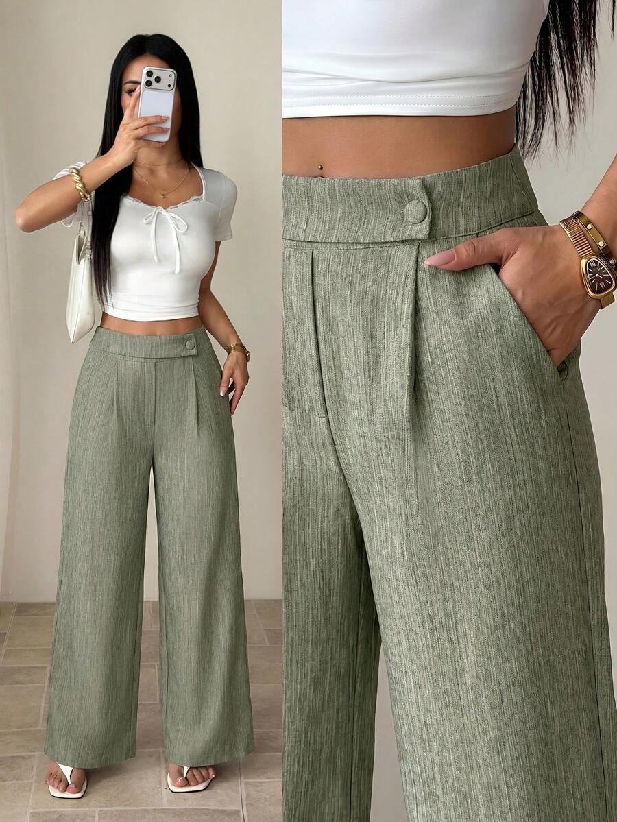 SHEIN PETITE 女款竹纖維面料腰前疊層扣飾設計優雅教師制服,專業休閒風,適合嬌小女性 - 軍綠色 - 查看 1