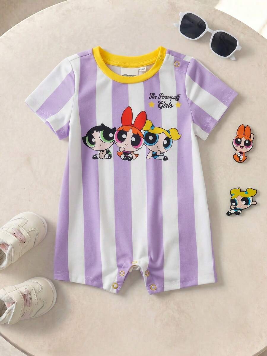 THE POWERPUFF GIRLS X SHEIN 女嬰條紋卡通印花圓領短袖連身衣 - 淡紫色 - 查看 1