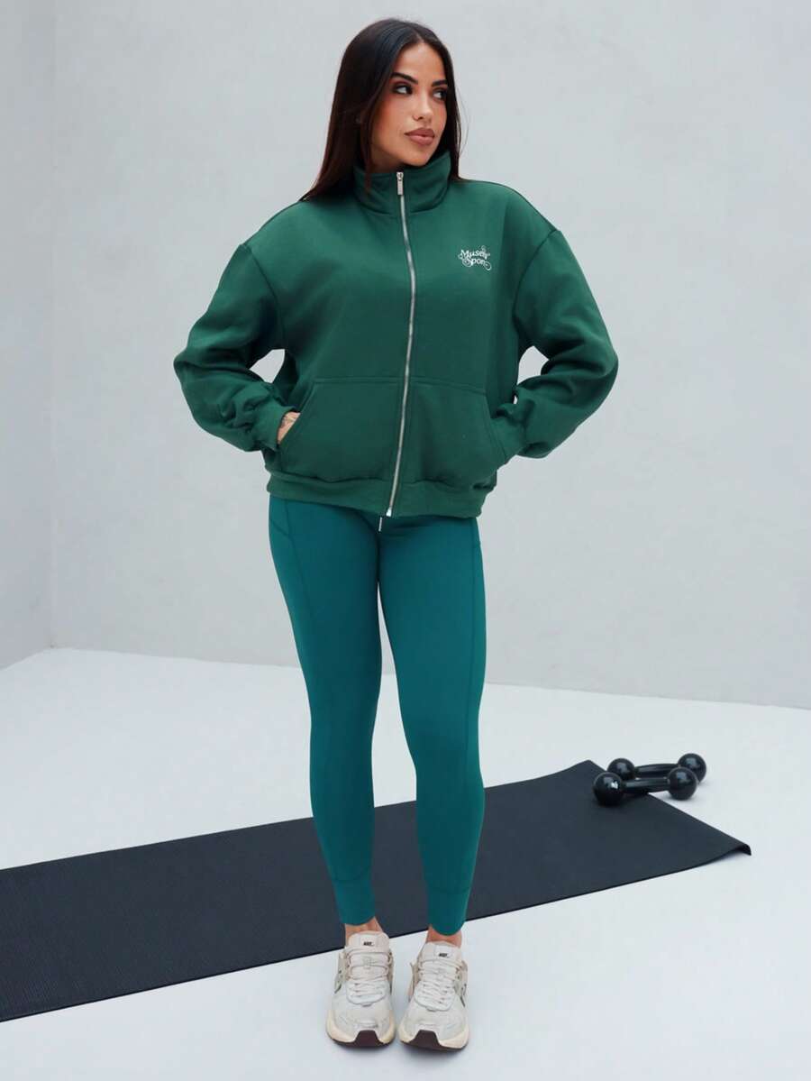 Maju Mazalli Hochgeschlossene Boxy Passform Reißverschluss Trainingsjacke Sport Aktiv Workout Winter Abend - Grün - Übersicht 1