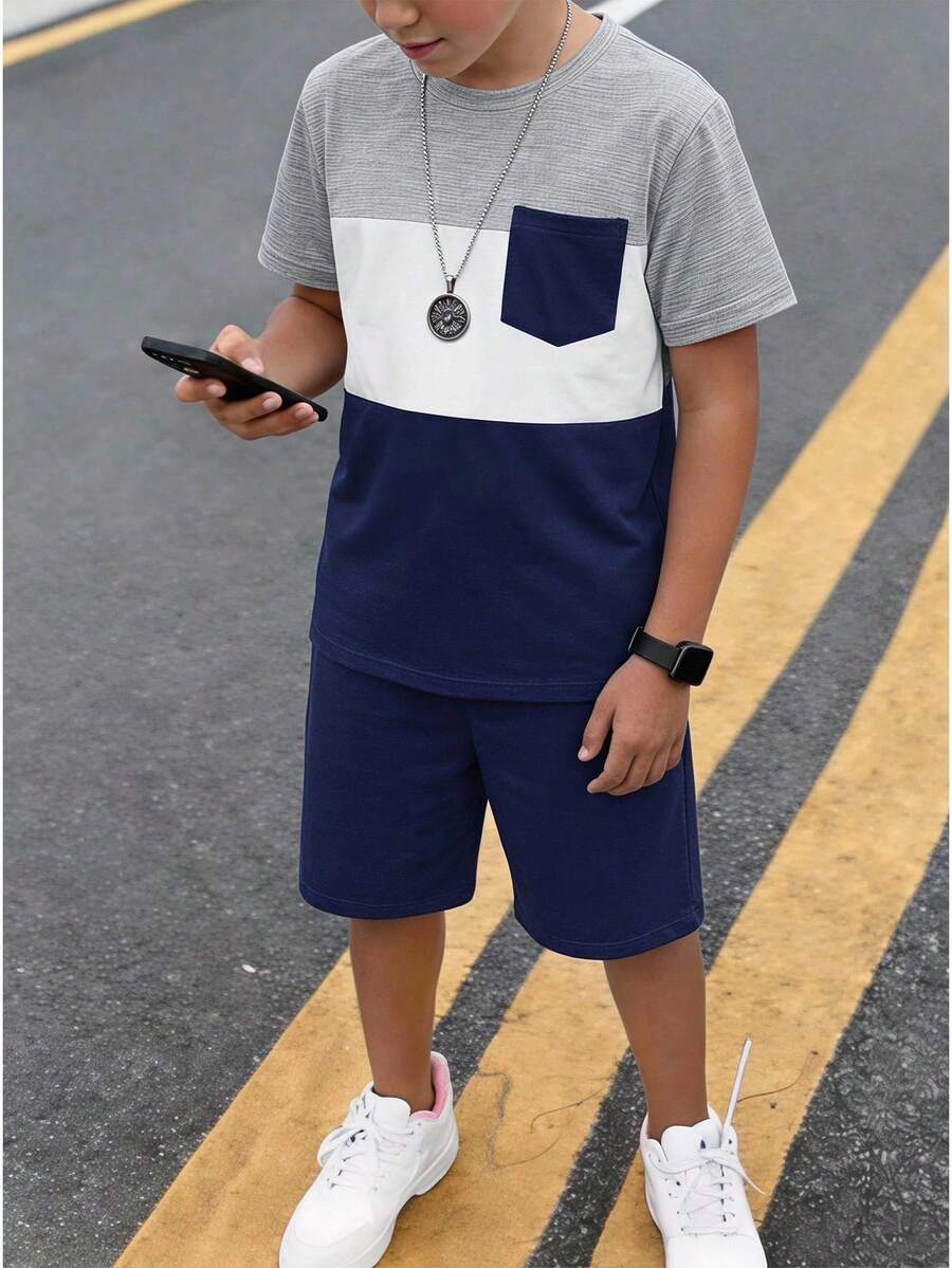 Teen Boy Casual Simple Short Sleeve Crew Neck T-Shirt And Shorts Set Suitable For Summer Graduation Dress Vacation Squishy Matching Set Two Piece Set - Multicolor - View 1