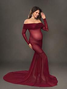 Cheriluna Maternity Gaun Fotografi Kehamilan, Gaun Maxi Tulle Lengan Panjang Tanpa Bahu dengan Potongan Pas Badan dan Hem Ekstra Panjang - Burgundy - View 4