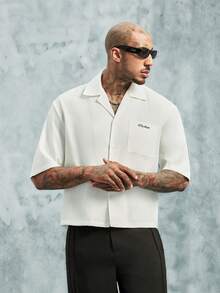 INCRYTM Men's Letter Print Single-Breasted Casual Short Sleeve Shirt Mens Cropped Shirt Boxy Shirt Men Work Shirt Customise Shirt - White - View 4