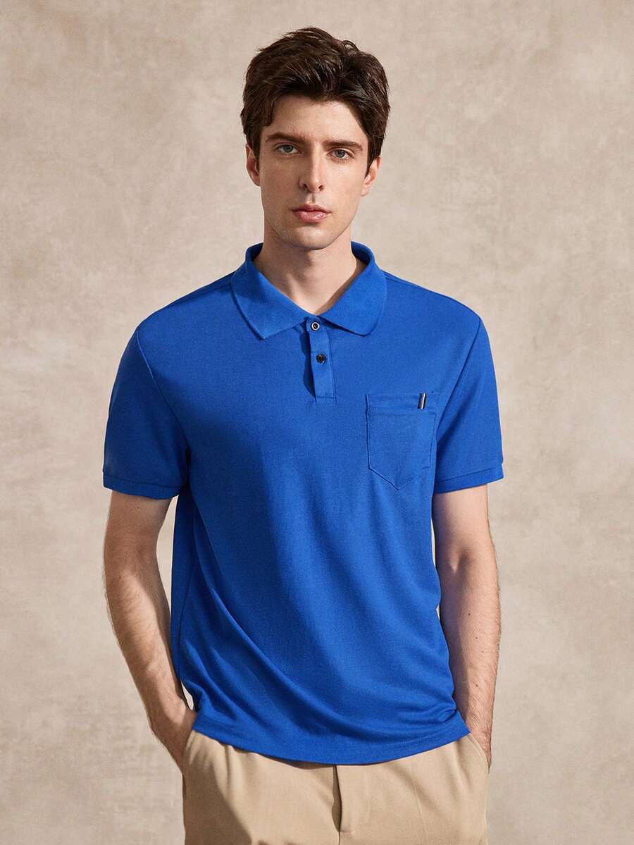 Courvante Men Solid Color Short Sleeve Collar Plain Work Polo Shirt & Daddy, Formal, Ceremony - Blue - View 1